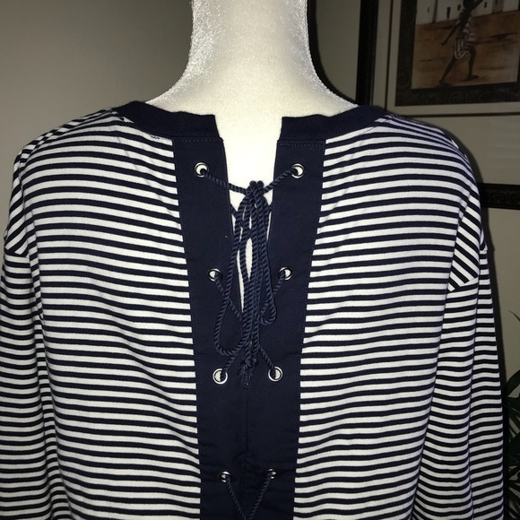 Halogen Navy Stripe Lace Up Back Long Sleeve Top M - Picture 6 of 6